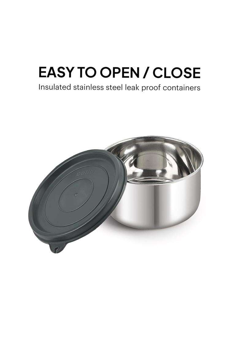 CELLO Bite Buddy Deluxe Pcs Stainless Steel Lunch Box with Bag for Daily Office Use | 300 ml | 10.1 fl oz | 3-Piece Set - Indya