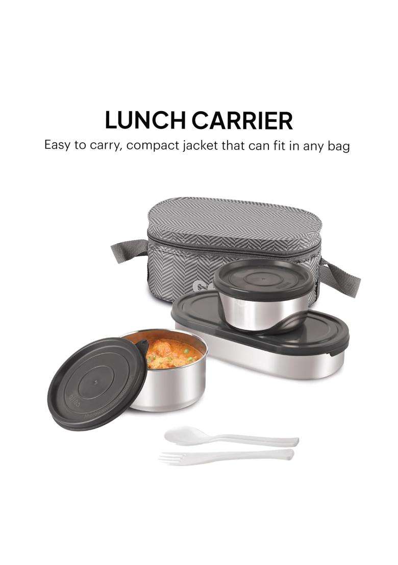 CELLO Bite Buddy Deluxe Pcs Stainless Steel Lunch Box with Bag for Daily Office Use | 300 ml | 10.1 fl oz | 3-Piece Set - Indya