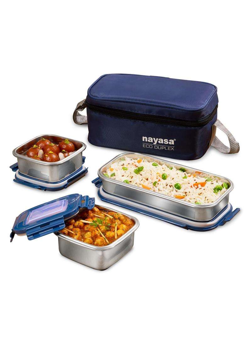 Nayasa Eco Duplex 3 Stainless Steel Office Lunch Box Set with Soft Insulated Bag | 640 ml | 21.6 fl oz | Leak Proof - Indya