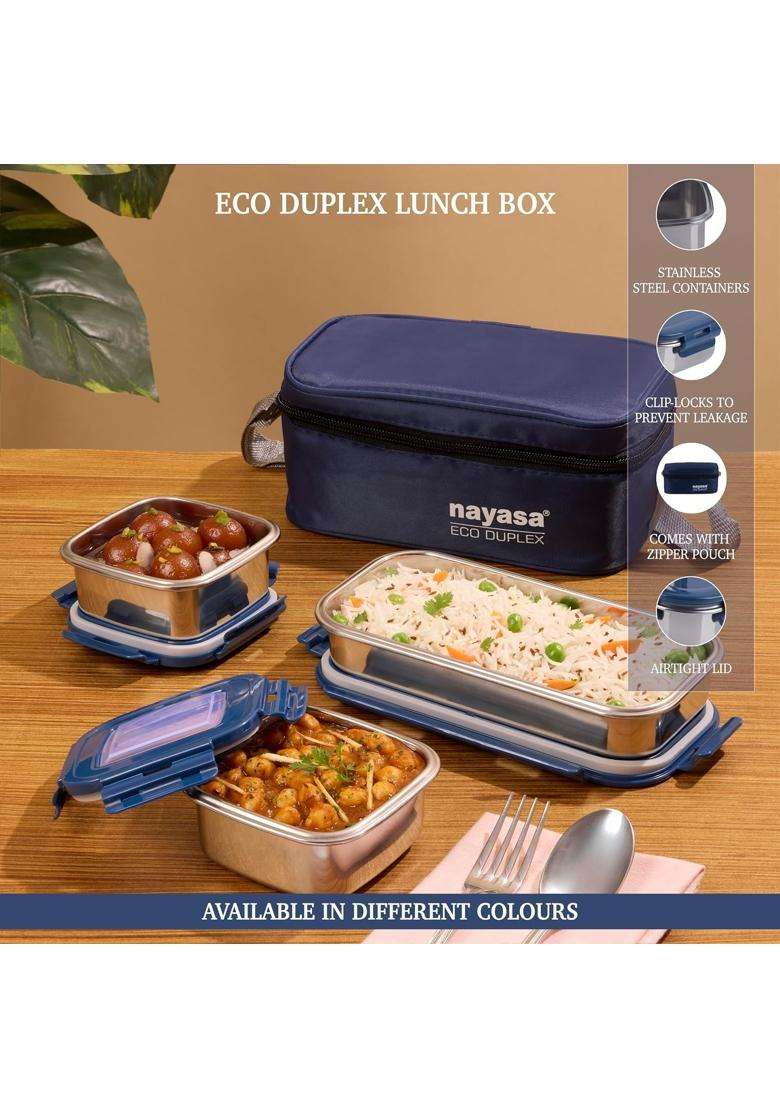 Nayasa Eco Duplex 3 Stainless Steel Office Lunch Box Set with Soft Insulated Bag | 640 ml | 21.6 fl oz | Leak Proof - Indya