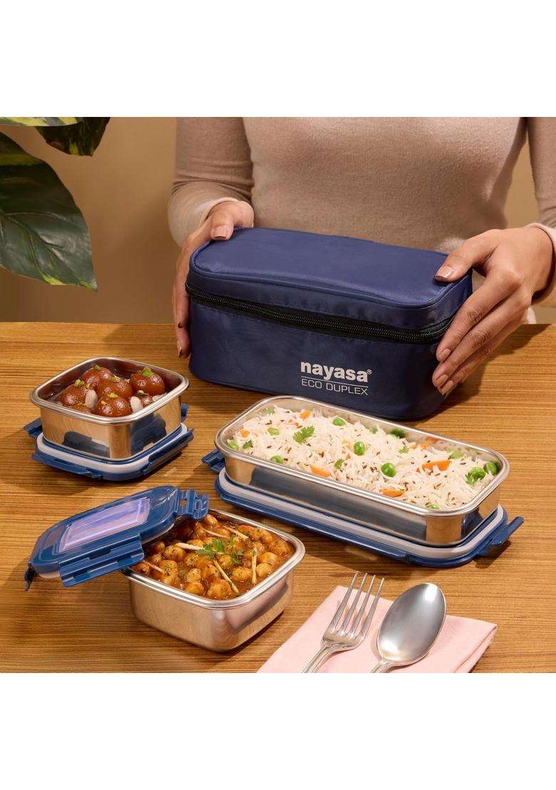 Nayasa Eco Duplex 3 Stainless Steel Office Lunch Box Set with Soft Insulated Bag | 640 ml | 21.6 fl oz | Leak Proof - Indya