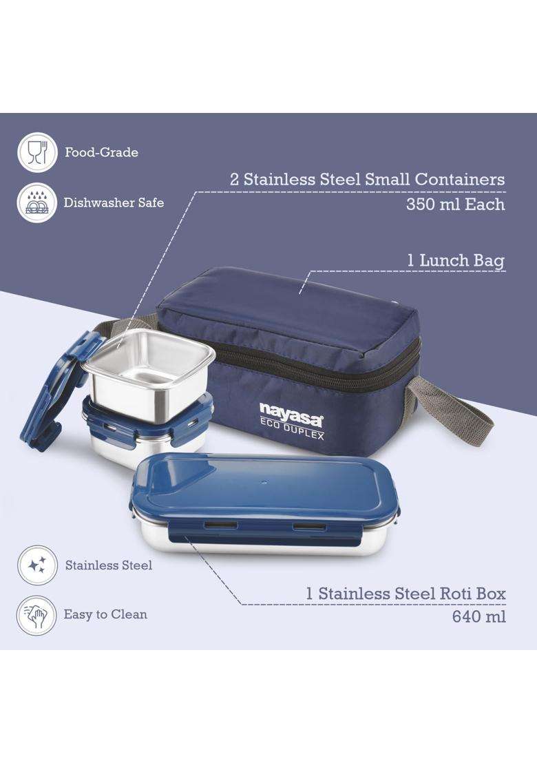 Nayasa Eco Duplex 3 Stainless Steel Office Lunch Box Set with Soft Insulated Bag | 640 ml | 21.6 fl oz | Leak Proof - Indya