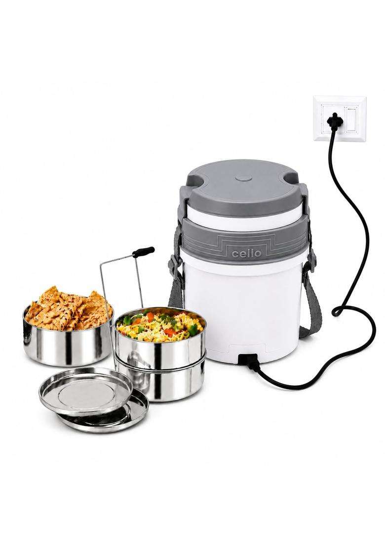 CELLO Newton 3 Tier Compartment Stainless Steel Electric Lunch Box for Office Use | Leak Proof - Indya