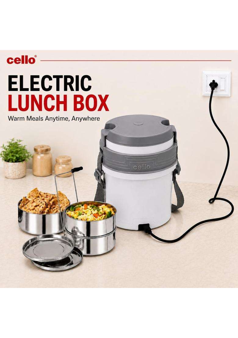 CELLO Newton 3 Tier Compartment Stainless Steel Electric Lunch Box for Office Use | Leak Proof - Indya