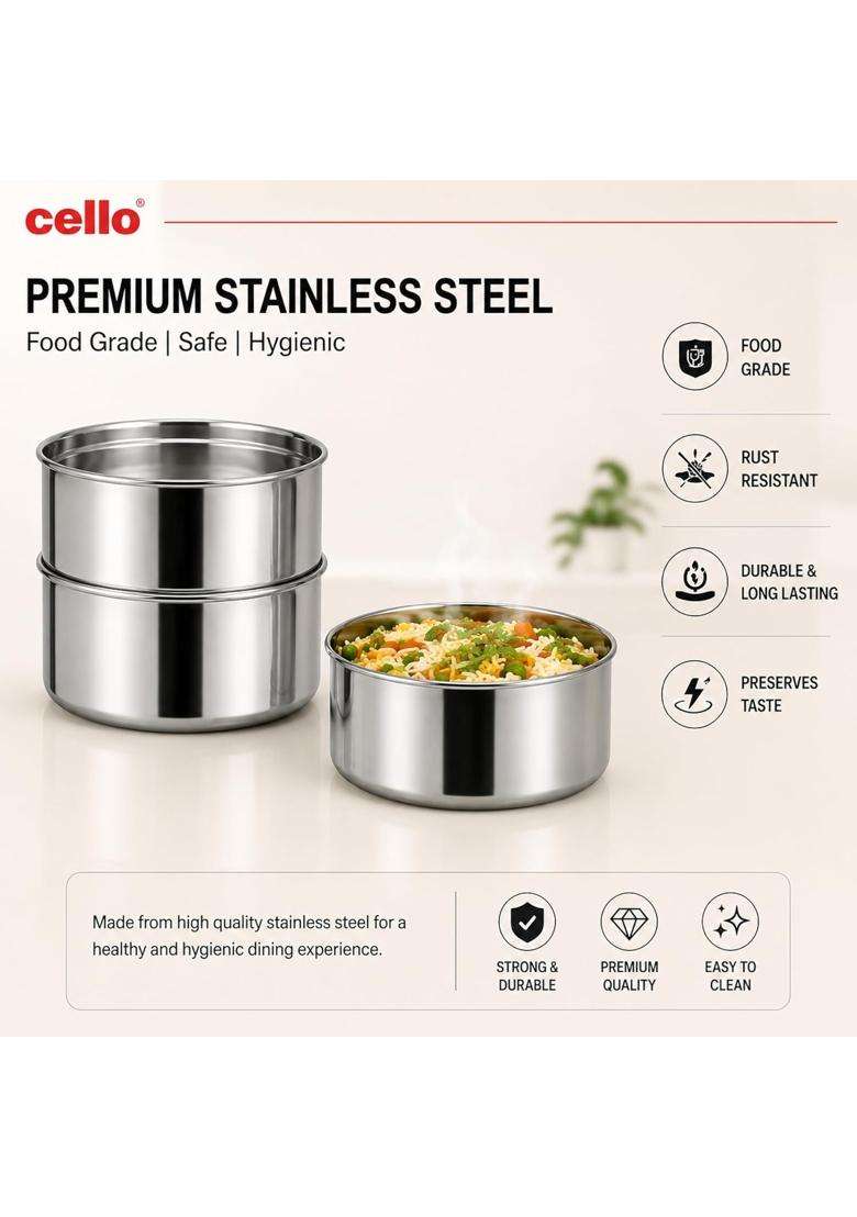 CELLO Newton 3 Tier Compartment Stainless Steel Electric Lunch Box for Office Use | Leak Proof - Indya