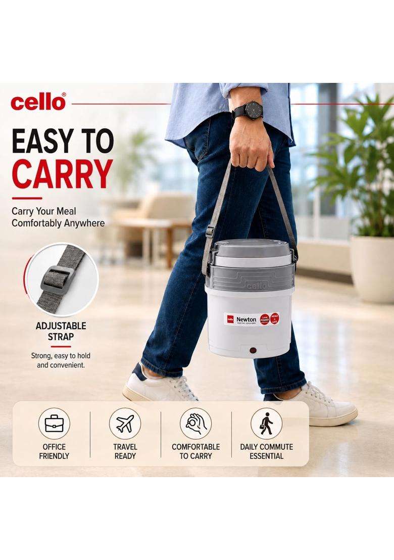 CELLO Newton 3 Tier Compartment Stainless Steel Electric Lunch Box for Office Use | Leak Proof - Indya