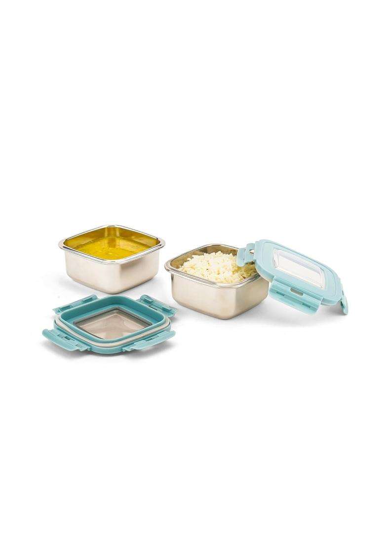 Nayasa Square Eco Lock Stainless Steel Office Lunch Box | 350 ml | 11.8 fl oz | 2-Piece Set | Leak Proof - Indya