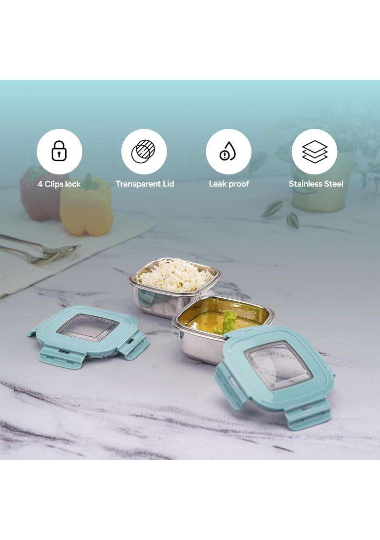 Nayasa Square Eco Lock Stainless Steel Office Lunch Box | 350 ml | 11.8 fl oz | 2-Piece Set | Leak Proof - Indya