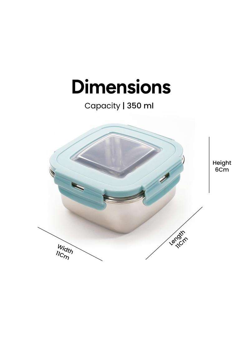 Nayasa Square Eco Lock Stainless Steel Office Lunch Box | 350 ml | 11.8 fl oz | 2-Piece Set | Leak Proof - Indya
