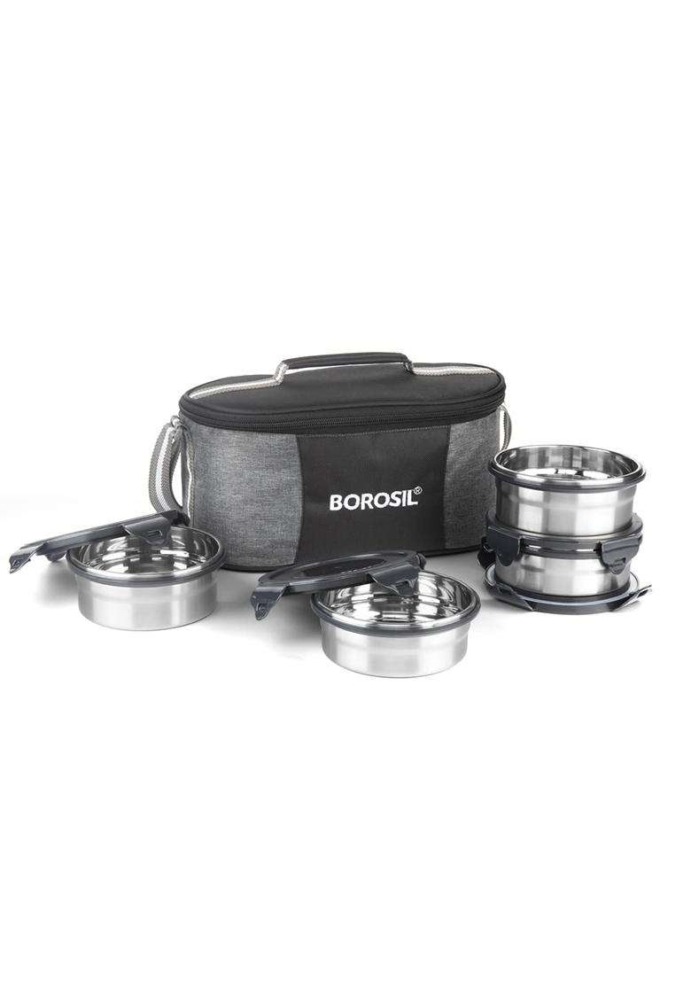 Borosil X 2 X 2 Round Stainless Steel Lunch Box with Bag | 400 ml | 13.5 fl oz - Indya