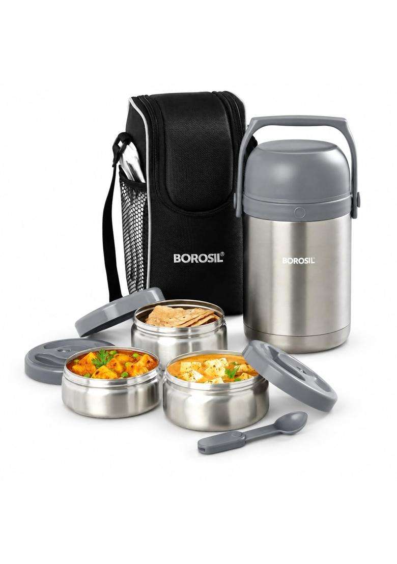 Borosil - Hot-N-Fresh Stainless Steel Insulated Lunch Box | 350 ml | 11.8 fl oz | 3-Piece Set - Indya