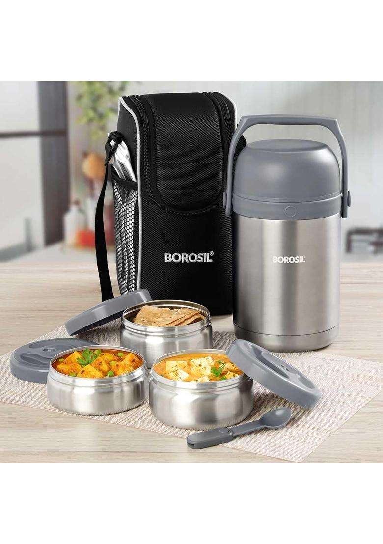 Borosil - Hot-N-Fresh Stainless Steel Insulated Lunch Box | 350 ml | 11.8 fl oz | 3-Piece Set - Indya