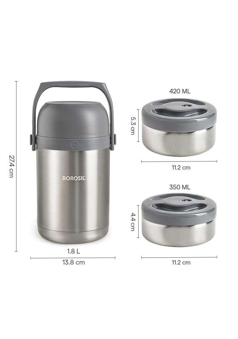 Borosil - Hot-N-Fresh Stainless Steel Insulated Lunch Box | 350 ml | 11.8 fl oz | 3-Piece Set - Indya