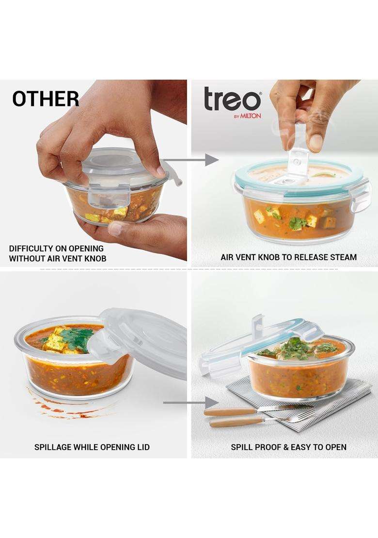 Treo By Milton All Fresh Borosilicate Glass Lunch Box | 400 ml | 13.5 fl oz | 3-Piece Set | Dishwasher Safe | Microwave Safe | Leak Proof - Indya