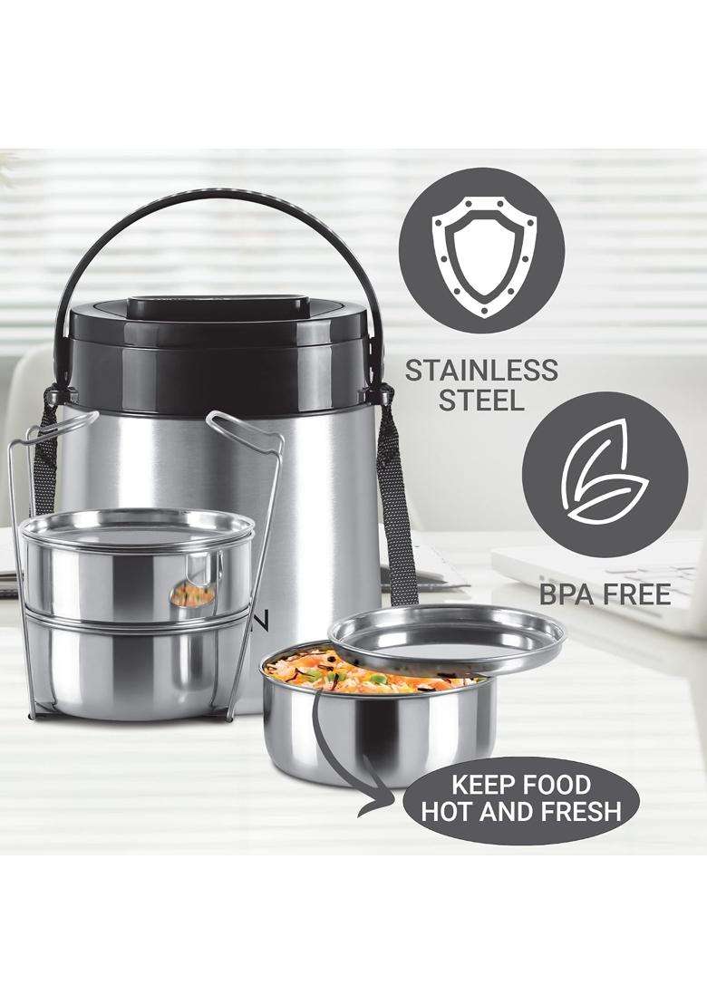 MILTON Steel Classic 3 Tiffin Lunch Box with Lifter | 300 ml | 10.1 fl oz | Insulated | Food Safe - Indya
