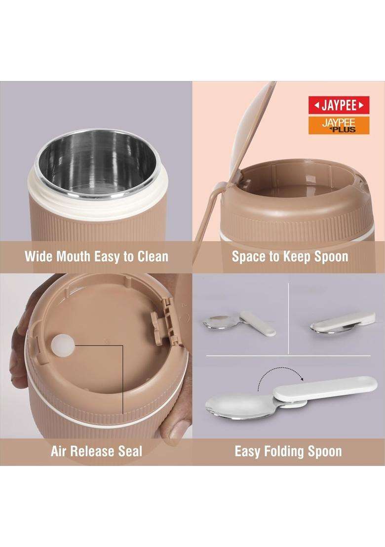 JAYPEE SoloMeal PUF Insulated Inner Stainless Steel Food Jar with Foldable Spoon | 500 ml | 16.9 fl oz - Indya