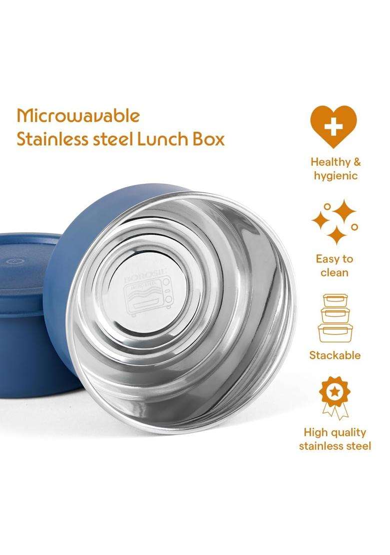 Borosil Carrymore Microwavable Stainless Steel Lunchbox with Bag | 300 ml | 10.1 fl oz | Pack of 3 | Food Safe - Indya