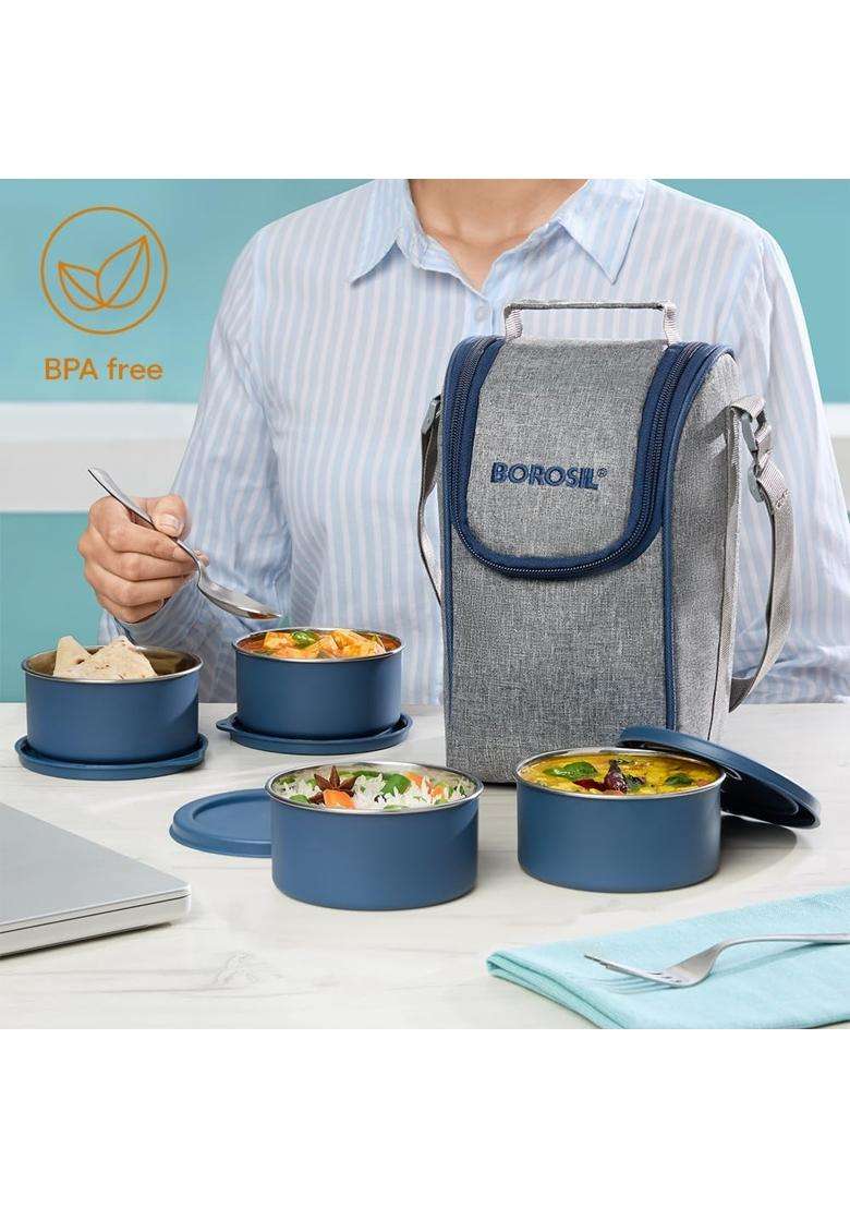 Borosil Carrymore Microwavable Stainless Steel Lunchbox with Bag | 300 ml | 10.1 fl oz | Pack of 3 | Food Safe - Indya