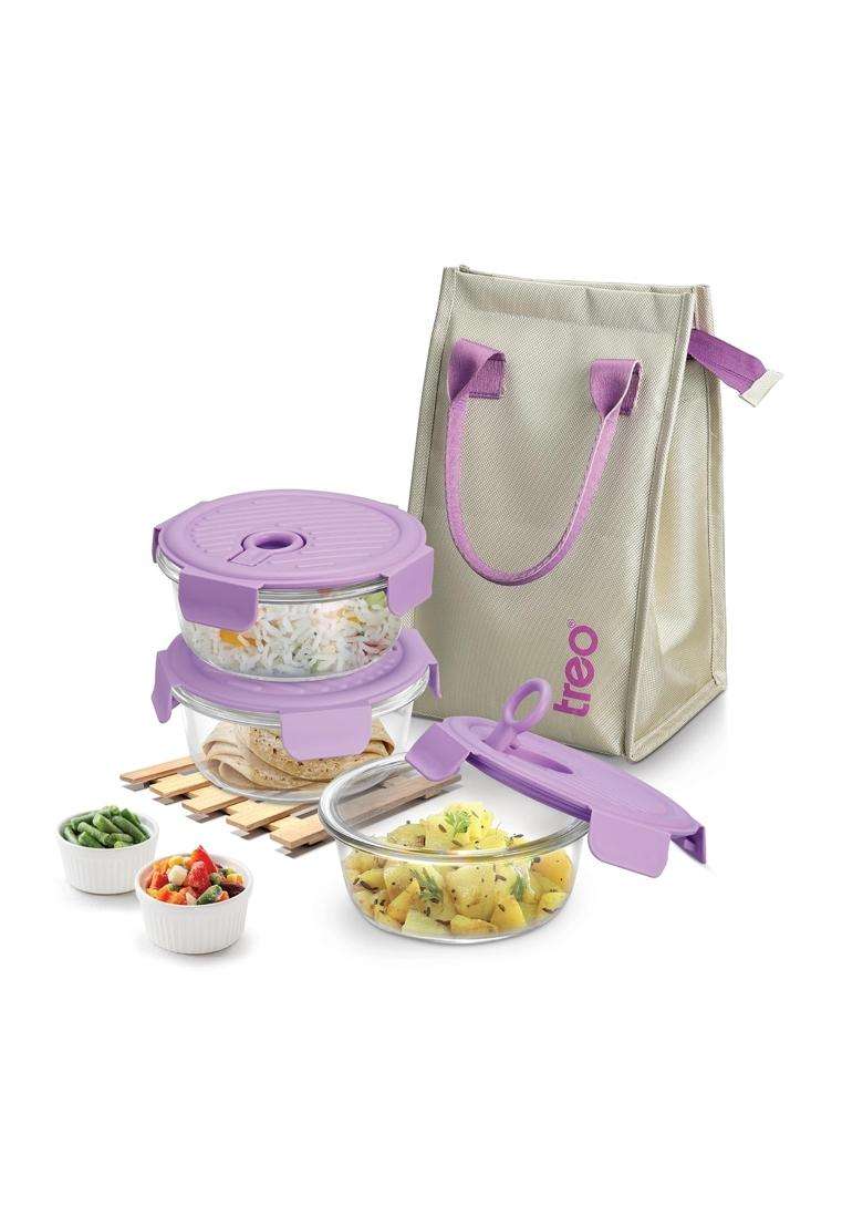 Treo By Milton Lumino Fresh Round Borosilicate Glass Lunch Box | 400 ml | 13.5 fl oz | 3-Piece Set | Dishwasher Safe | Microwave Safe | Leak Proof - Indya