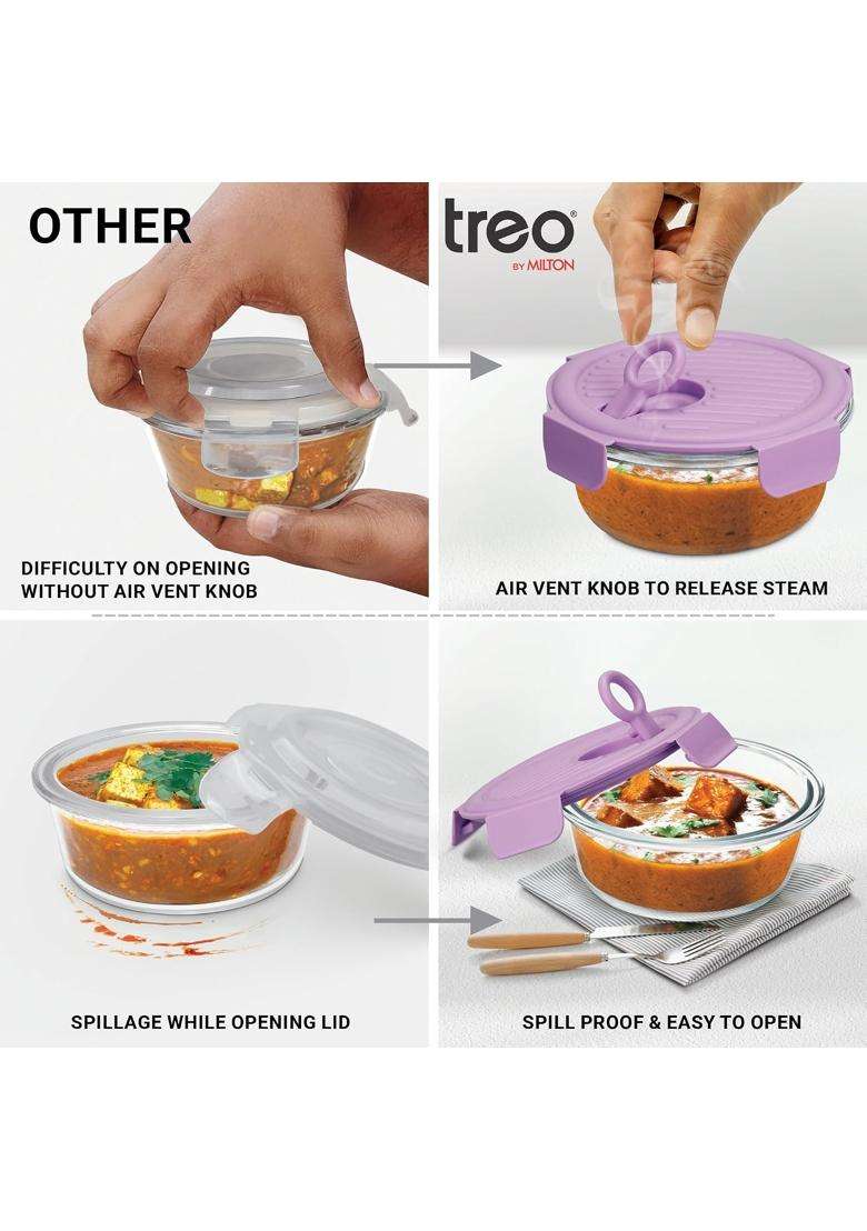 Treo By Milton Lumino Fresh Round Borosilicate Glass Lunch Box | 400 ml | 13.5 fl oz | 3-Piece Set | Dishwasher Safe | Microwave Safe | Leak Proof - Indya