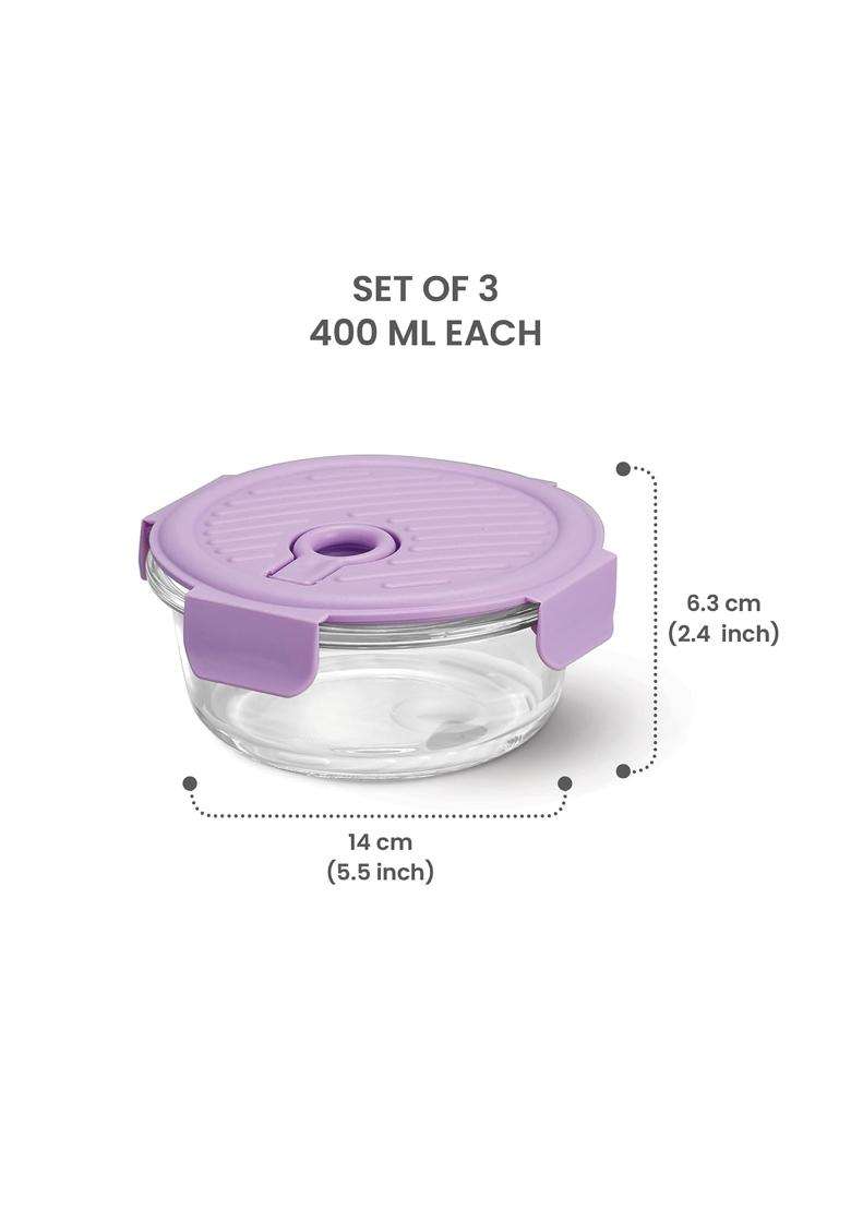 Treo By Milton Lumino Fresh Round Borosilicate Glass Lunch Box | 400 ml | 13.5 fl oz | 3-Piece Set | Dishwasher Safe | Microwave Safe | Leak Proof - Indya
