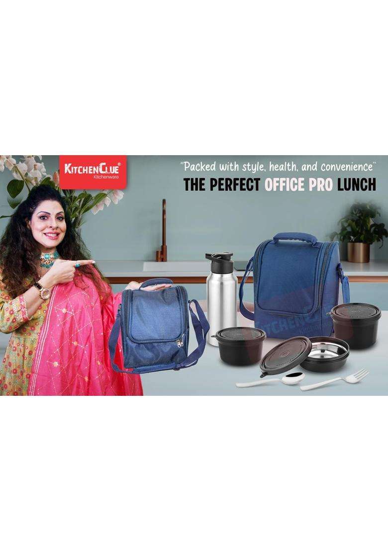 KITCHEN CLUE Office Pro Lunch Box Set with Insulated Lunch Bag Comes with Microwave Safe | 250 ml | 8.5 fl oz | 3-Piece Set | Food Safe - Indya