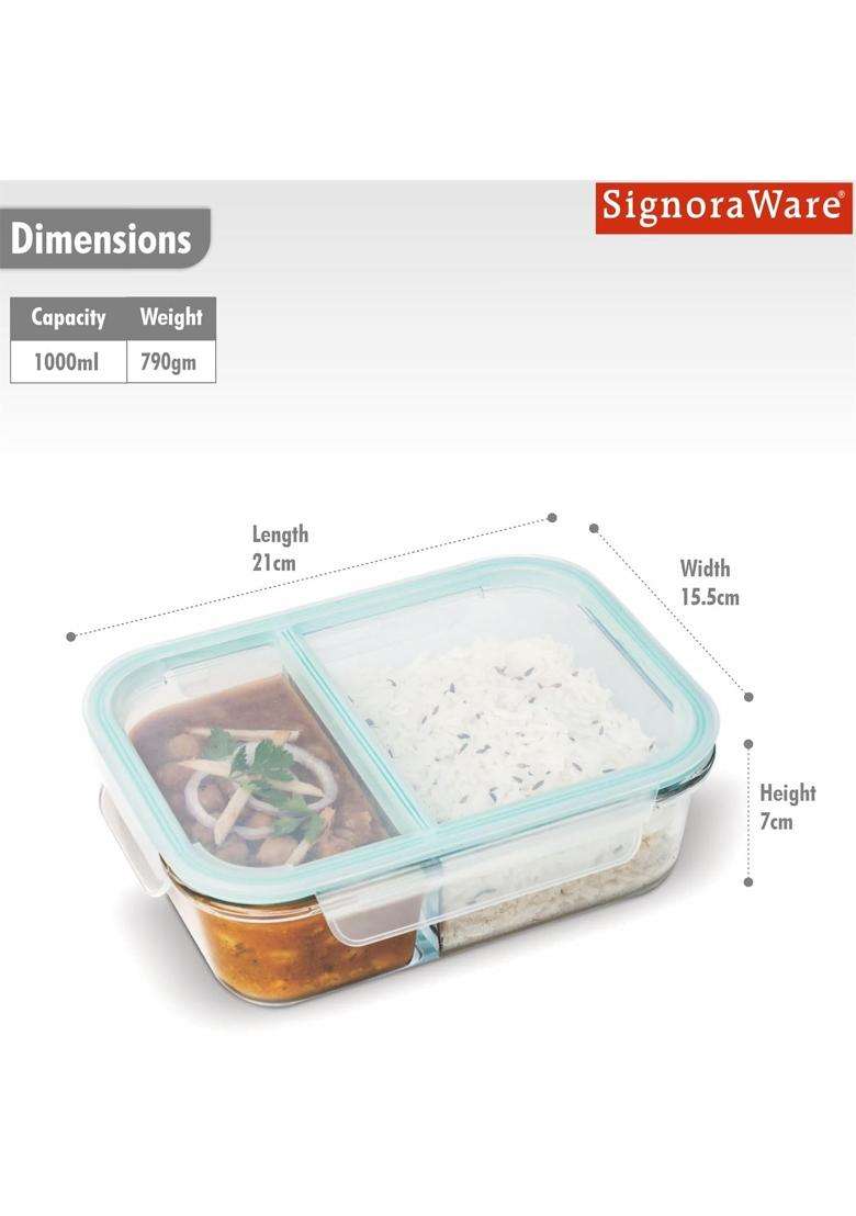 SIGNORA WARE Signor Aware Slim Borosilicate Glass Big Lunch Box | 1 L | 1.1 Qt | Dishwasher Safe | Microwave Safe | Leak Proof - Indya