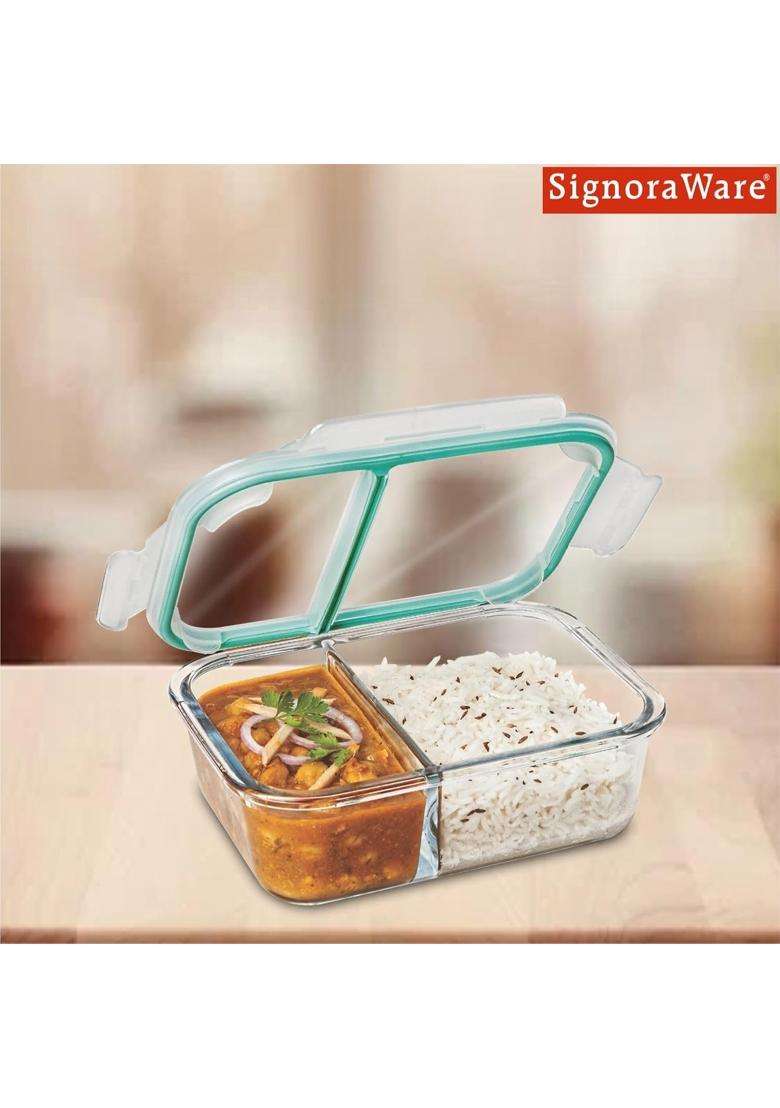 SIGNORA WARE Signor Aware Slim Borosilicate Glass Big Lunch Box | 1 L | 1.1 Qt | Dishwasher Safe | Microwave Safe | Leak Proof - Indya