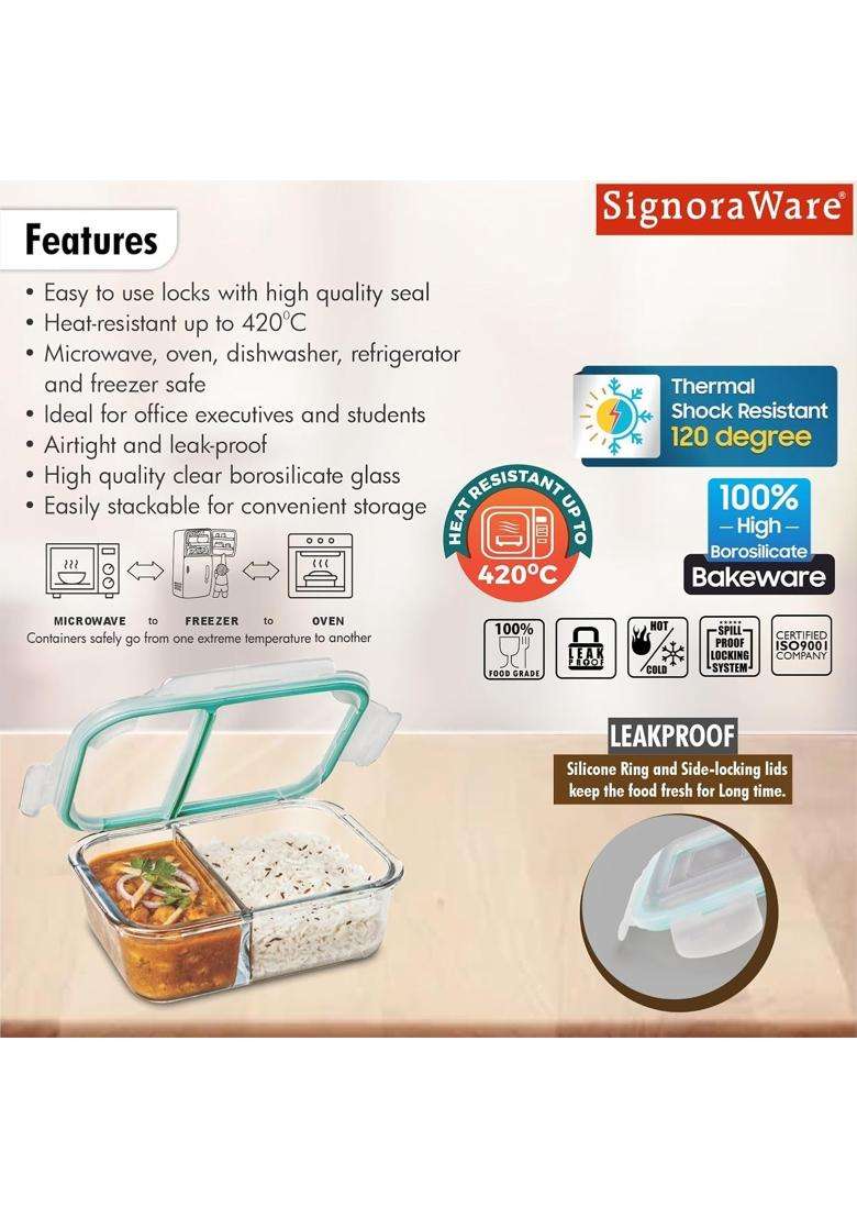 SIGNORA WARE Signor Aware Slim Borosilicate Glass Big Lunch Box | 1 L | 1.1 Qt | Dishwasher Safe | Microwave Safe | Leak Proof - Indya
