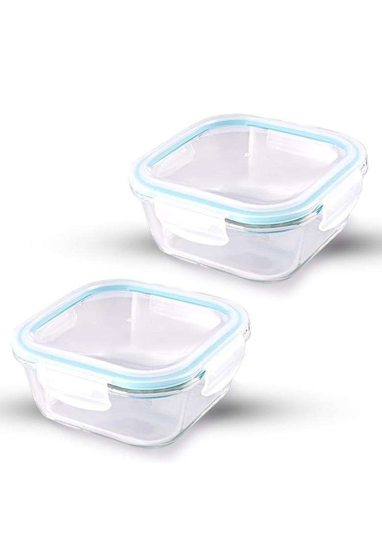 ATTRO Glassox Classic Square Lunch Box with Locking Lid Borosilicate Glass Lunch Box | 310 ml | 10.5 fl oz | 2-Piece Set | Microwave Safe - Indya