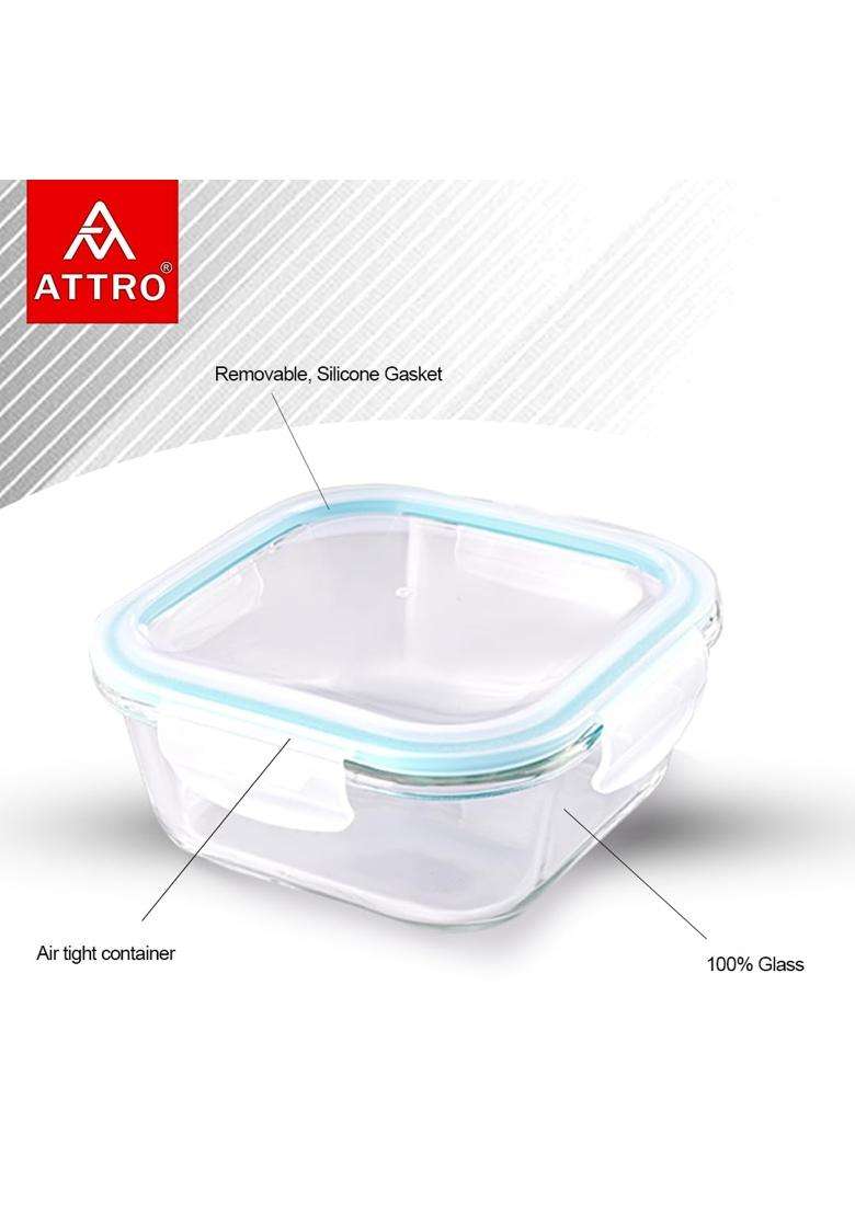 ATTRO Glassox Classic Square Lunch Box with Locking Lid Borosilicate Glass Lunch Box | 310 ml | 10.5 fl oz | 2-Piece Set | Microwave Safe - Indya