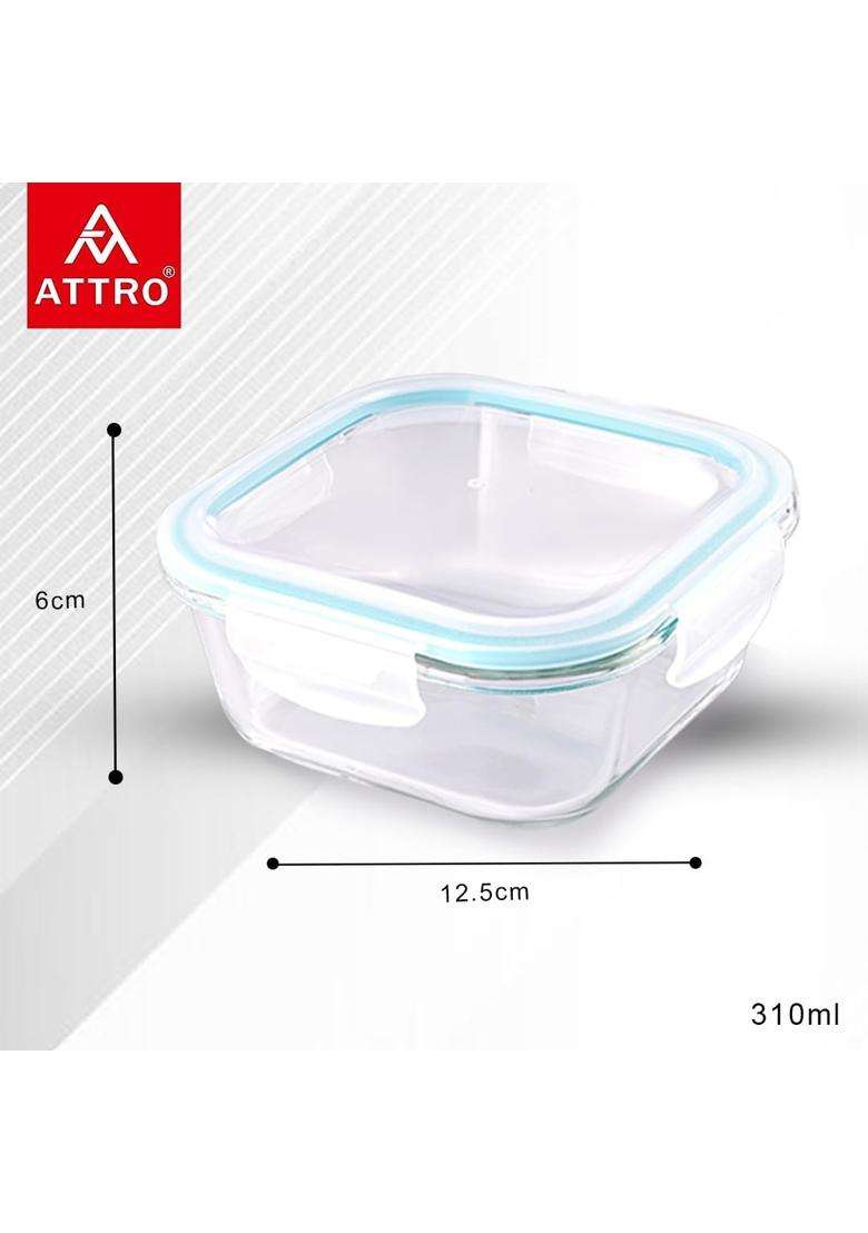 ATTRO Glassox Classic Square Lunch Box with Locking Lid Borosilicate Glass Lunch Box | 310 ml | 10.5 fl oz | 2-Piece Set | Microwave Safe - Indya