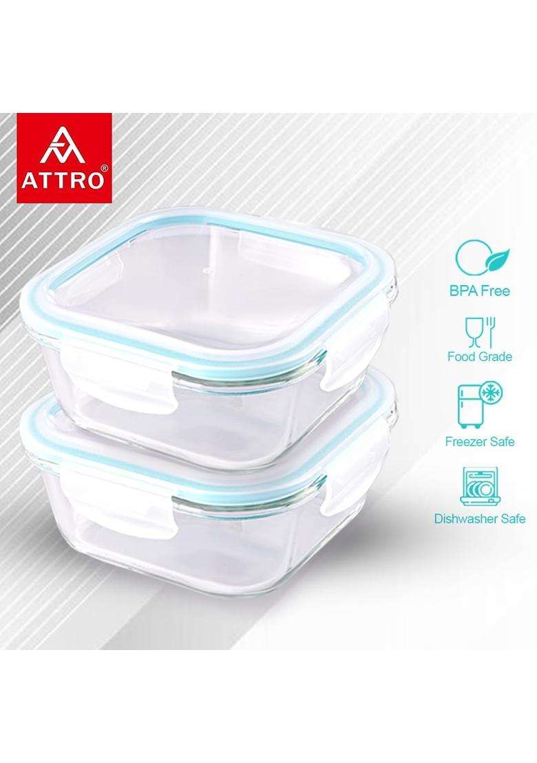 ATTRO Glassox Classic Square Lunch Box with Locking Lid Borosilicate Glass Lunch Box | 310 ml | 10.5 fl oz | 2-Piece Set | Microwave Safe - Indya