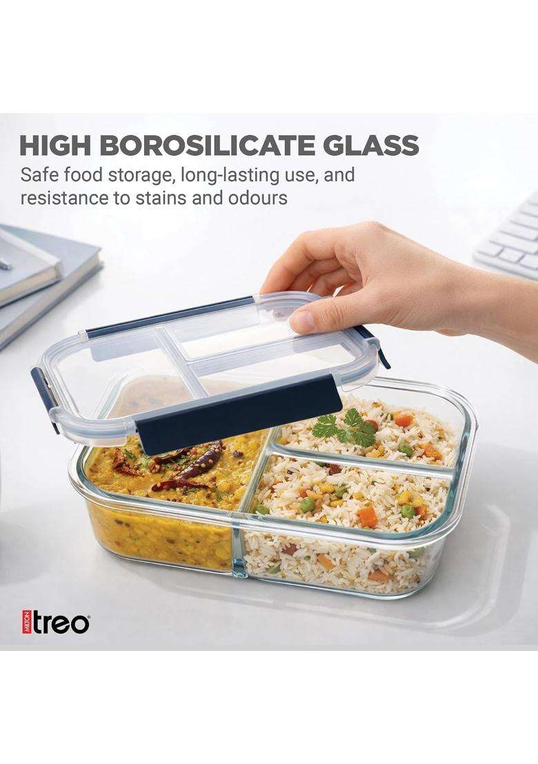 Treo By Milton All Fresh Rectangle 3 Compartment Lunch Box | 1000 ml | 33.8 fl oz | Microwave Safe - Indya