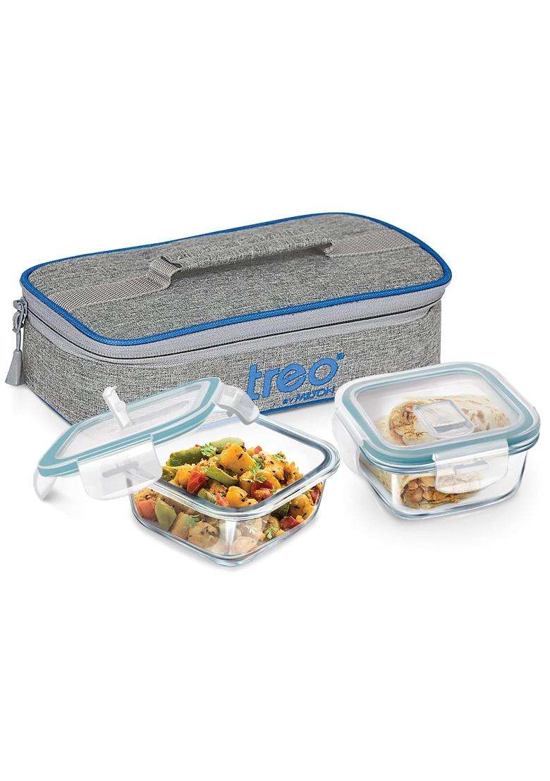 Treo By Milton All Fresh Square Glass Lunch Box | 400 ml | 13.5 fl oz | 2-Piece Set | Dishwasher Safe | Microwave Safe | Leak Proof - Indya
