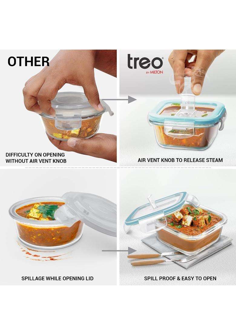 Treo By Milton All Fresh Square Glass Lunch Box | 400 ml | 13.5 fl oz | 2-Piece Set | Dishwasher Safe | Microwave Safe | Leak Proof - Indya