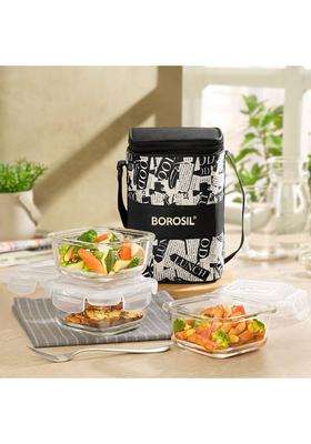 Borosil Nostalgia Borosilicate Glass Lunchbox with Bag | 400 ml | 13.5 fl oz | Pack of 3 | Dishwasher Safe | Microwave Safe | Leak Proof