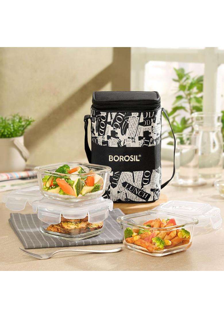 Borosil Nostalgia Borosilicate Glass Lunchbox with Bag | 400 ml | 13.5 fl oz | Pack of 3 | Dishwasher Safe | Microwave Safe | Leak Proof - Indya