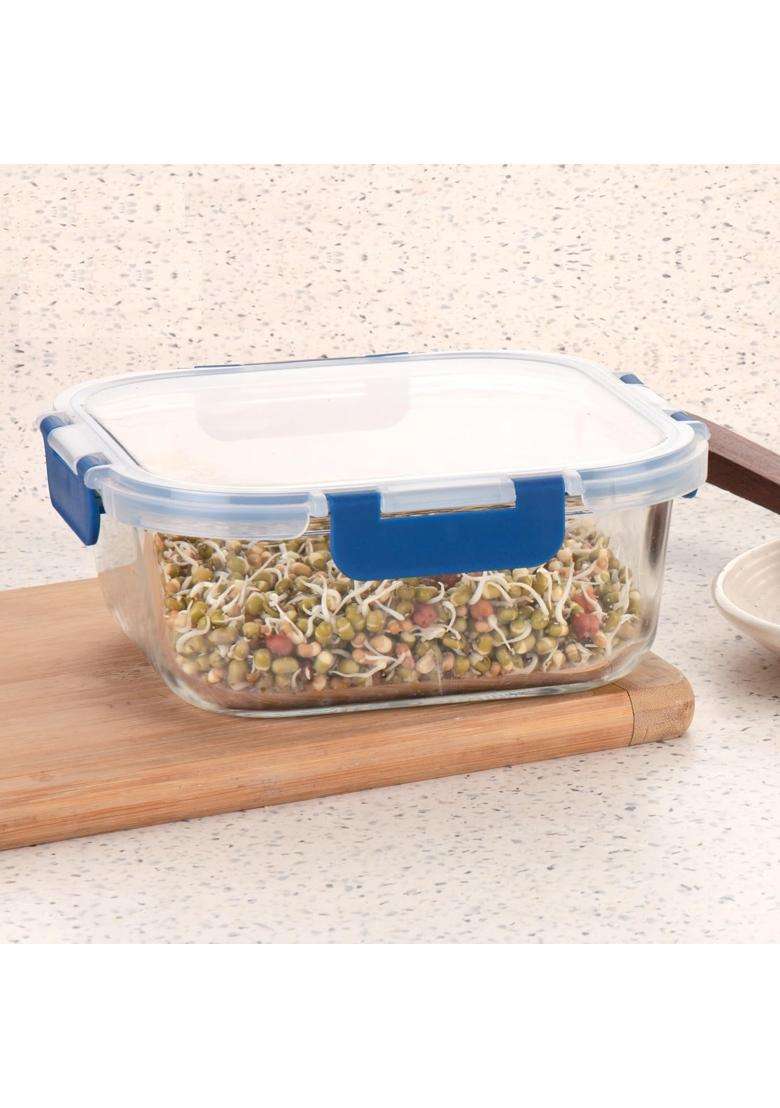 ATTRO Glassox Borosilicate Square Glass Lunch Box with PP Snap Lock Lid Food Storage | 1200 ml | 40.6 fl oz | Microwave Safe | Leak Proof | Food Safe - Indya