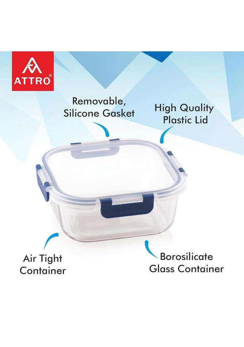 ATTRO Glassox Borosilicate Square Glass Lunch Box with PP Snap Lock Lid Food Storage | 1200 ml | 40.6 fl oz | Microwave Safe | Leak Proof | Food Safe - Indya