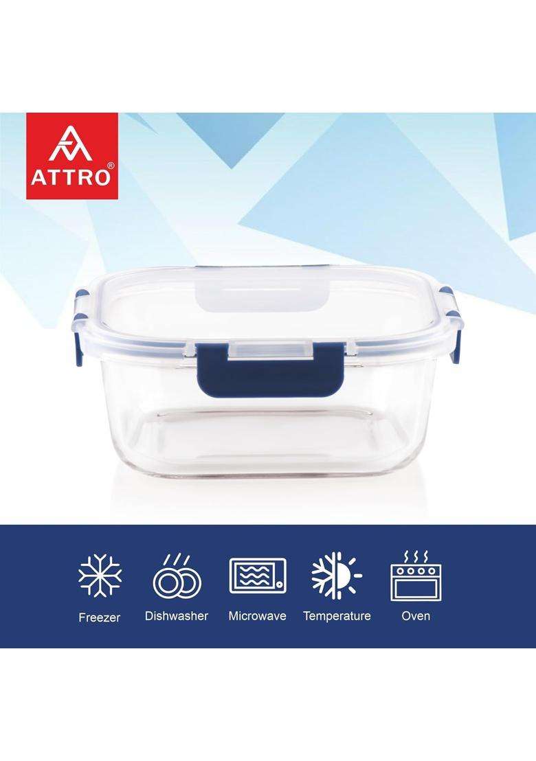 ATTRO Glassox Borosilicate Square Glass Lunch Box with PP Snap Lock Lid Food Storage | 1200 ml | 40.6 fl oz | Microwave Safe | Leak Proof | Food Safe - Indya