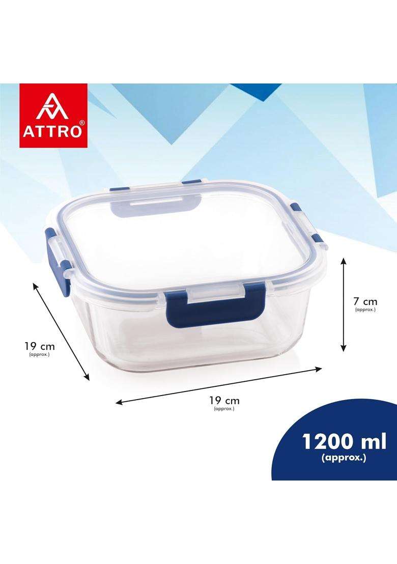 ATTRO Glassox Borosilicate Square Glass Lunch Box with PP Snap Lock Lid Food Storage | 1200 ml | 40.6 fl oz | Microwave Safe | Leak Proof | Food Safe - Indya