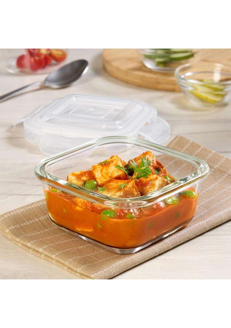 Borosil Klip N Store Square Glass Food Storage Container with Air Tight Lid | 400 ml | 13.5 fl oz | Dishwasher Safe | Microwave Safe - Indya