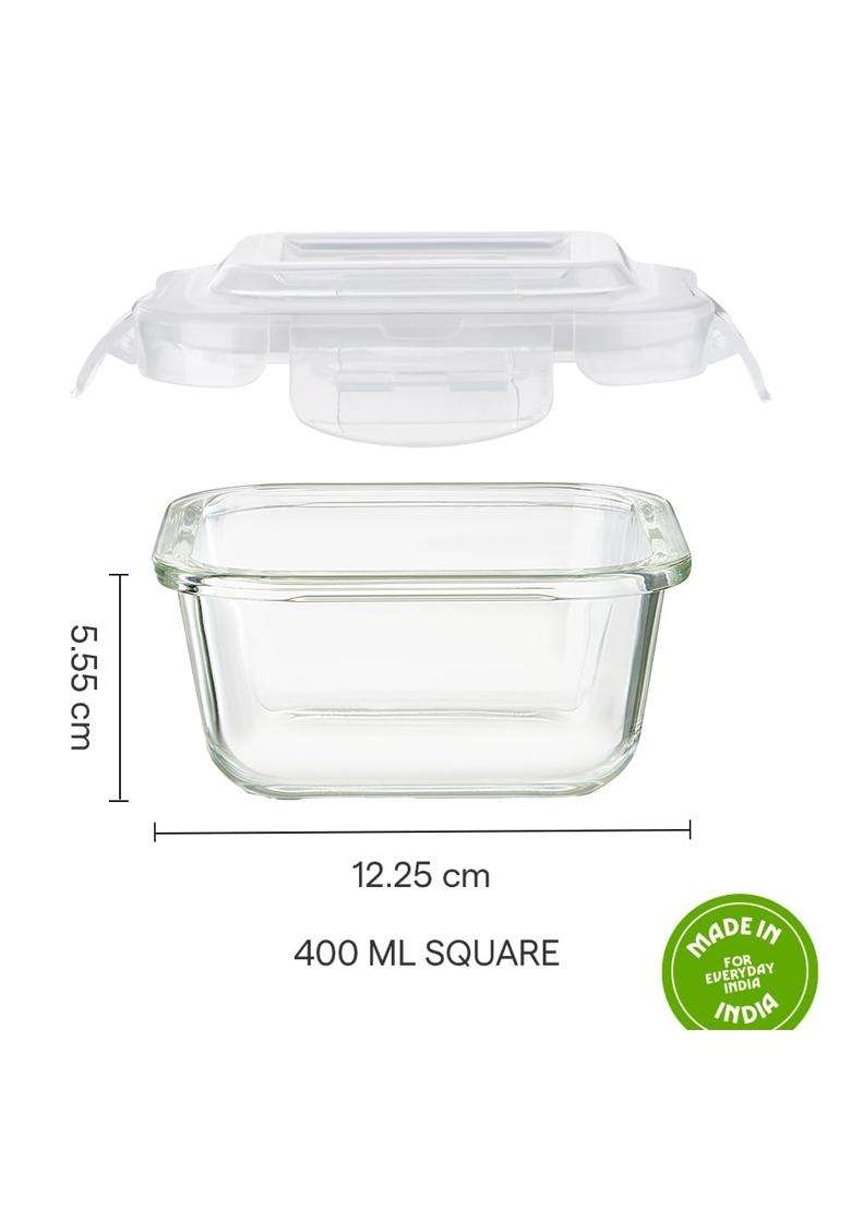 Borosil Klip N Store Square Glass Food Storage Container with Air Tight Lid | 400 ml | 13.5 fl oz | Dishwasher Safe | Microwave Safe - Indya