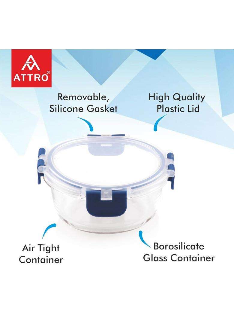ATTRO Glassox Borosilicate Round Glass Lunch Box with PP Snap Lock Lid Food Storage | 400 ml | 13.5 fl oz | Microwave Safe | Leak Proof | Food Safe - Indya