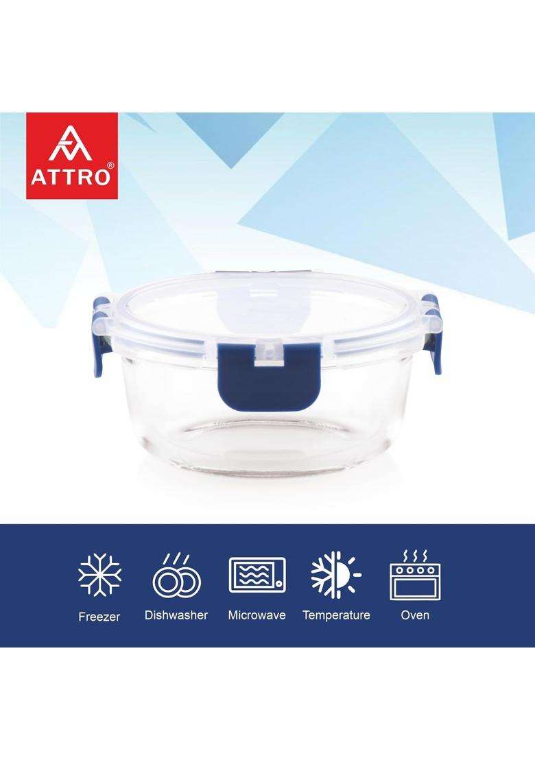 ATTRO Glassox Borosilicate Round Glass Lunch Box with PP Snap Lock Lid Food Storage | 400 ml | 13.5 fl oz | Microwave Safe | Leak Proof | Food Safe - Indya