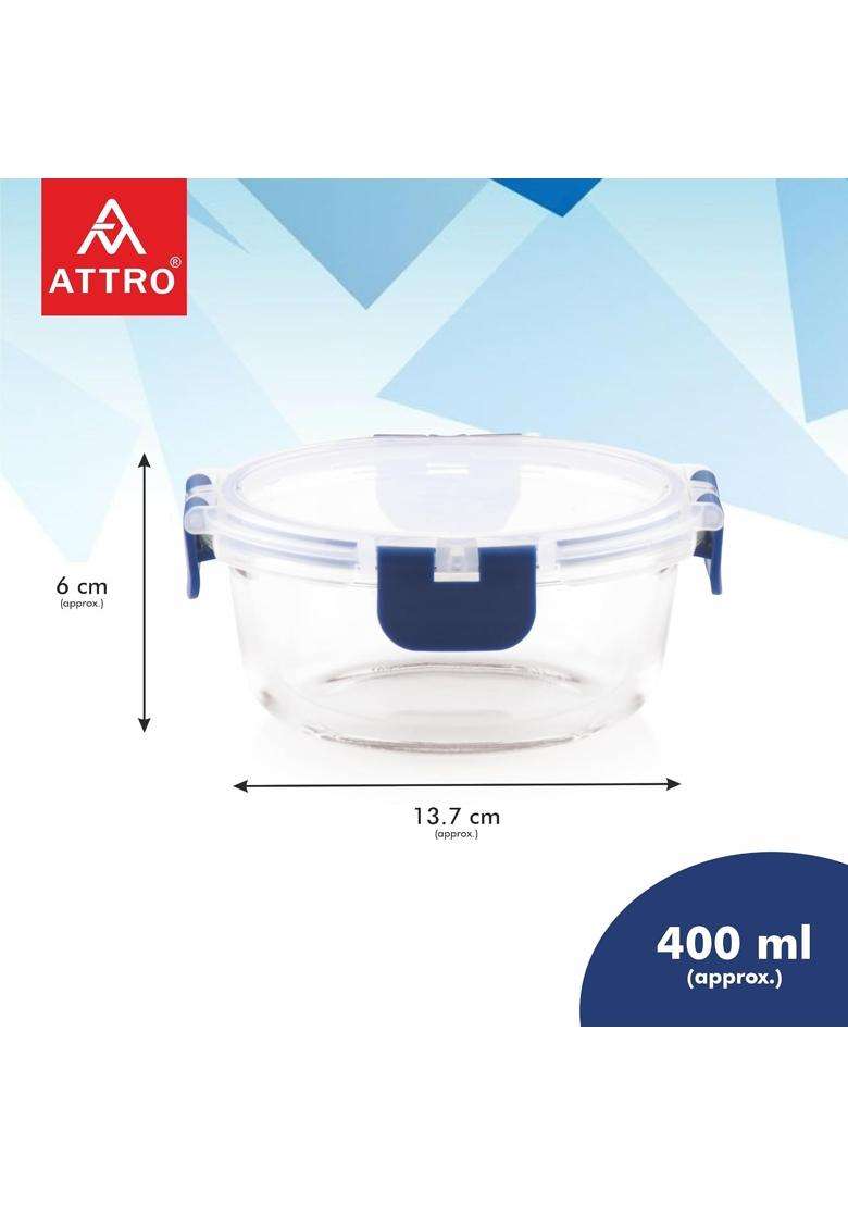 ATTRO Glassox Borosilicate Round Glass Lunch Box with PP Snap Lock Lid Food Storage | 400 ml | 13.5 fl oz | Microwave Safe | Leak Proof | Food Safe - Indya