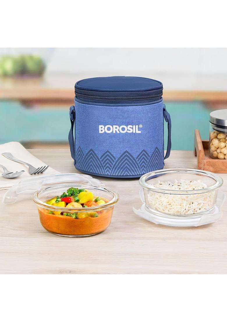 Borosil Mealbox Borosilicate Glass Lunchbox with Bag | 400 ml | 13.5 fl oz | Pack of 2 | Dishwasher Safe | Microwave Safe | Leak Proof - Indya