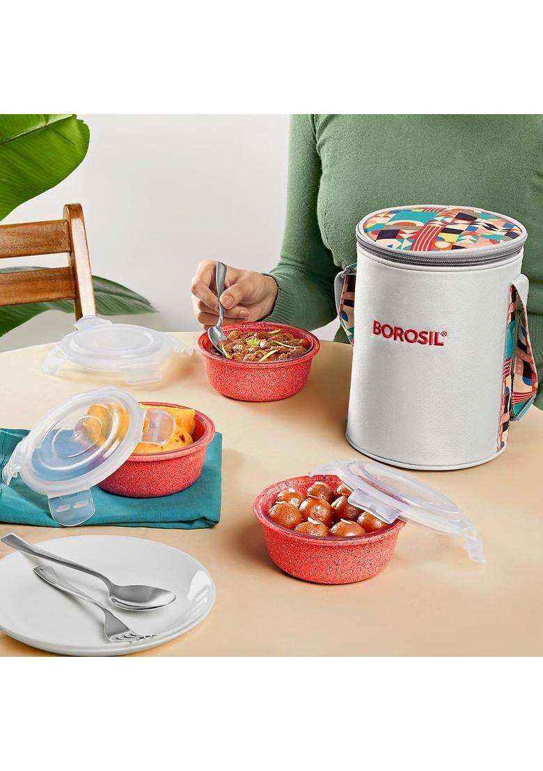 Borosil Borosilicate Glass Lunchbox with Bag | 400 ml | 13.5 fl oz | Pack of 3 | Dishwasher Safe | Microwave Safe | Leak Proof - Indya