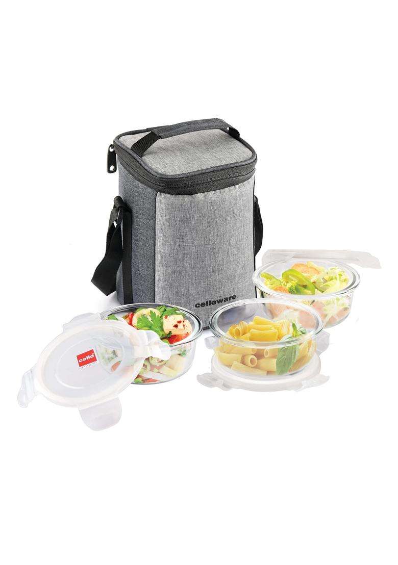 CELLO Delighta Round Borosilicate Glass Lunch Box with Jacket | 400 ml | 13.5 fl oz | 3-Piece Set | Microwave Safe | Leak Proof - Indya